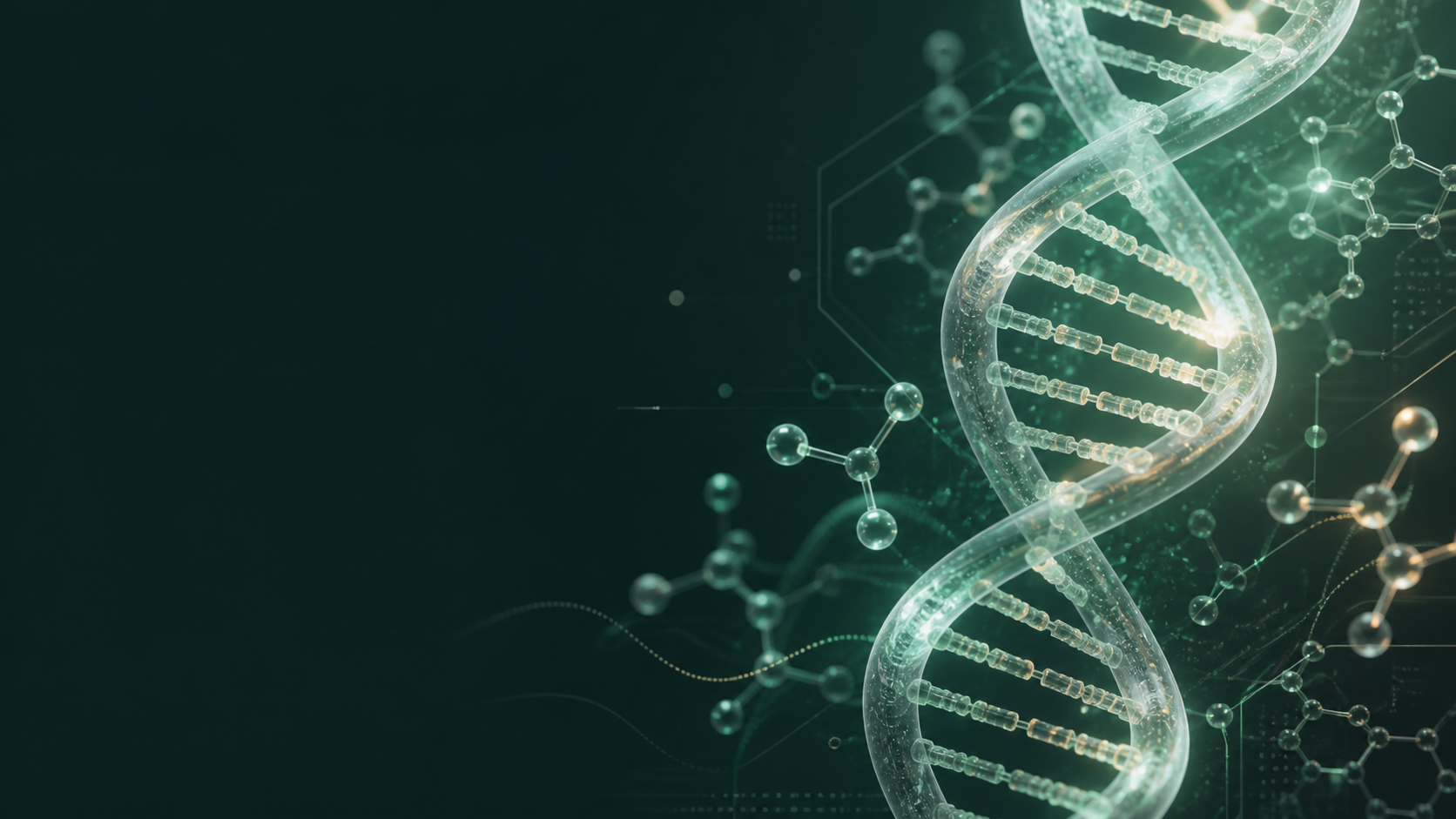 DNA holográfico e moléculas em uma visualização científica futurista.